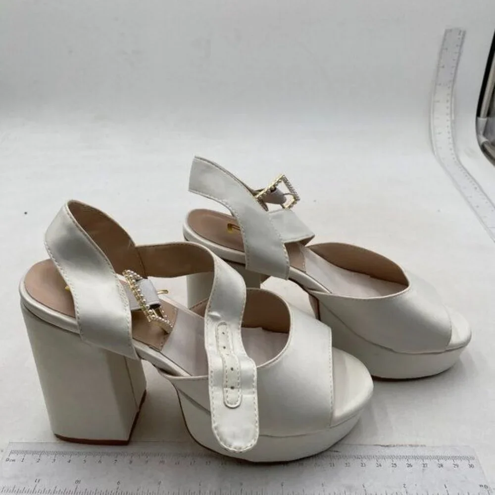 FSJ White Platform Block Heel Sandals with Rhinestone Buckle